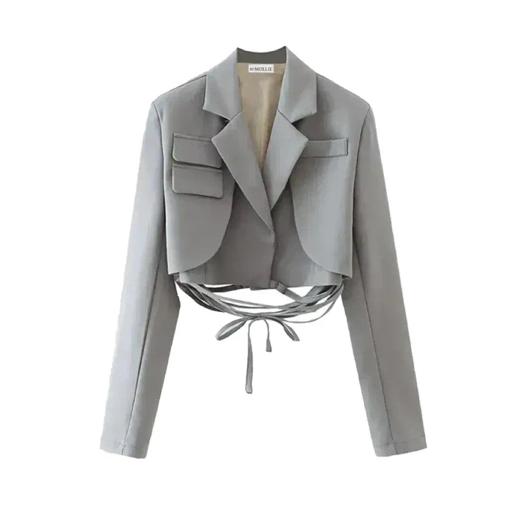 GREY TIE WAIST CROP BLAZER
