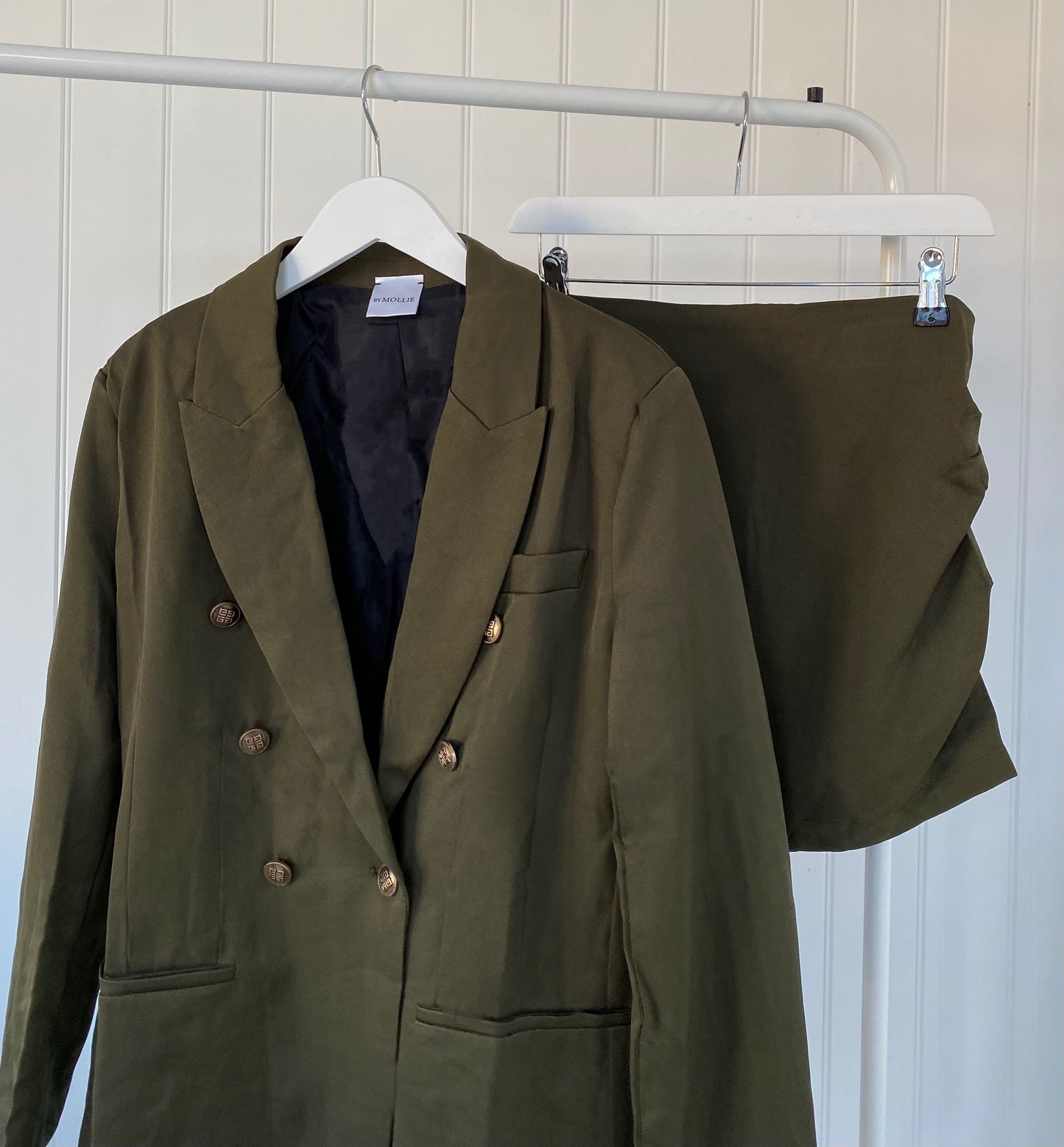 KHAKI GOLD BUTTON BLAZER AND SIDE RUCHED MINI SKIRT CO-ORD