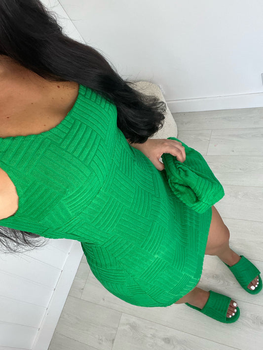 GREEN TOWELLING BACKLESS MINI DRESS