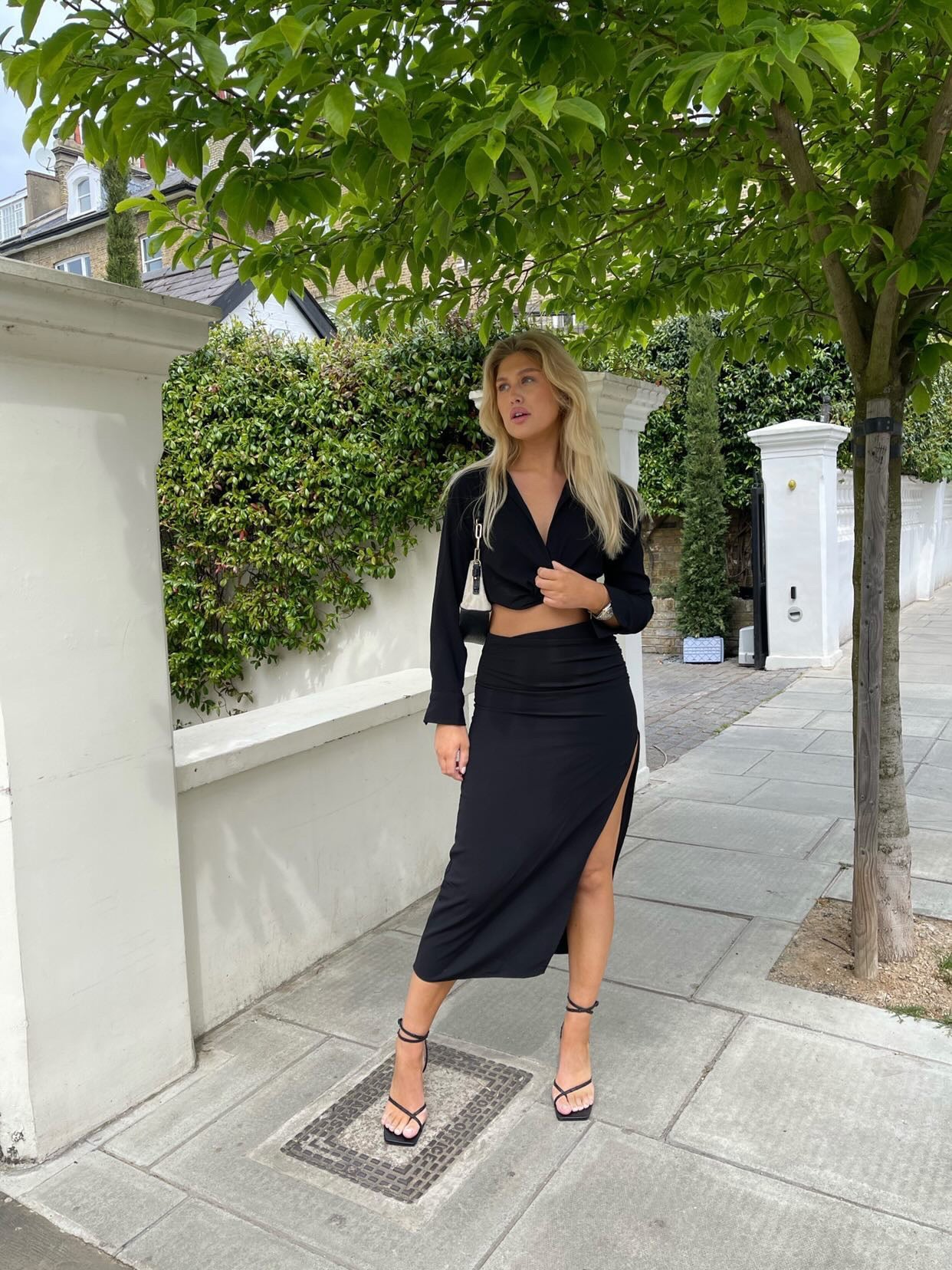 BLACK CROP SHIRT AND SIDE SPLIT MIDI SKIRT CO-ORD