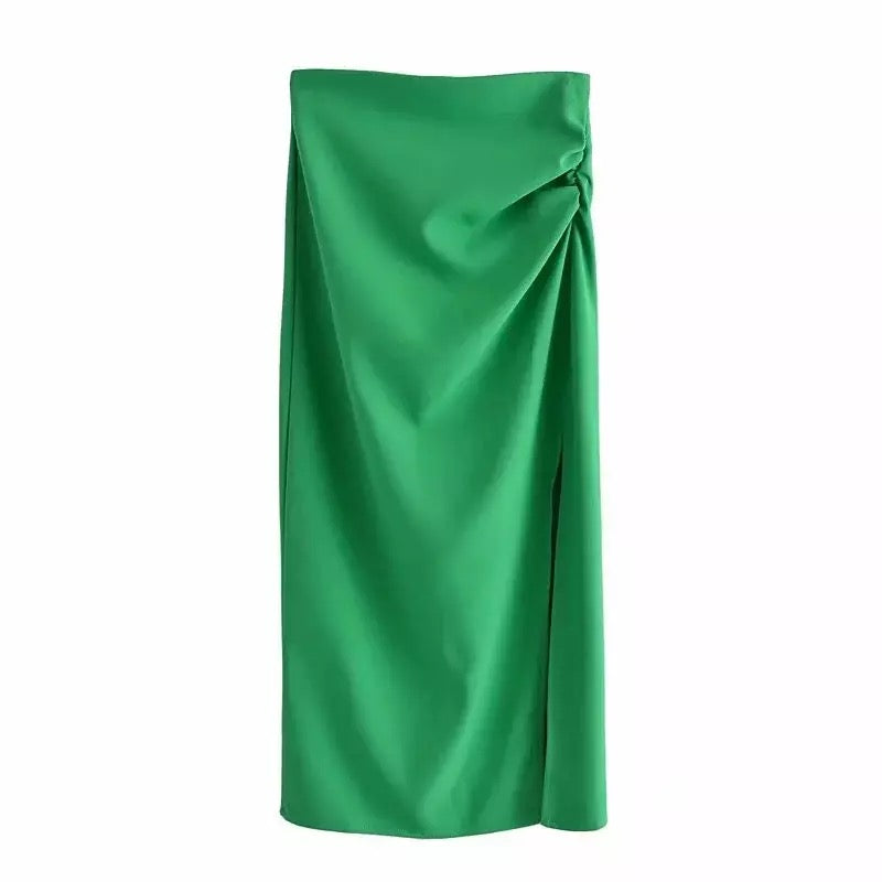 GREEN CROP SHIRT AND SIDE SPLIT MIDI SKIRT CO-ORD