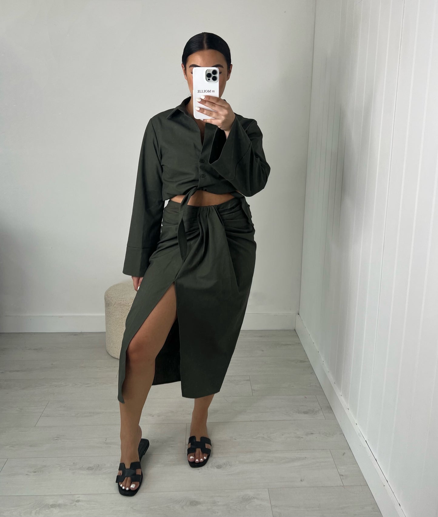 KHAKI WIDE SLEEVE SHIRT AND SPLIT MIDI SKIRT CO-ORD