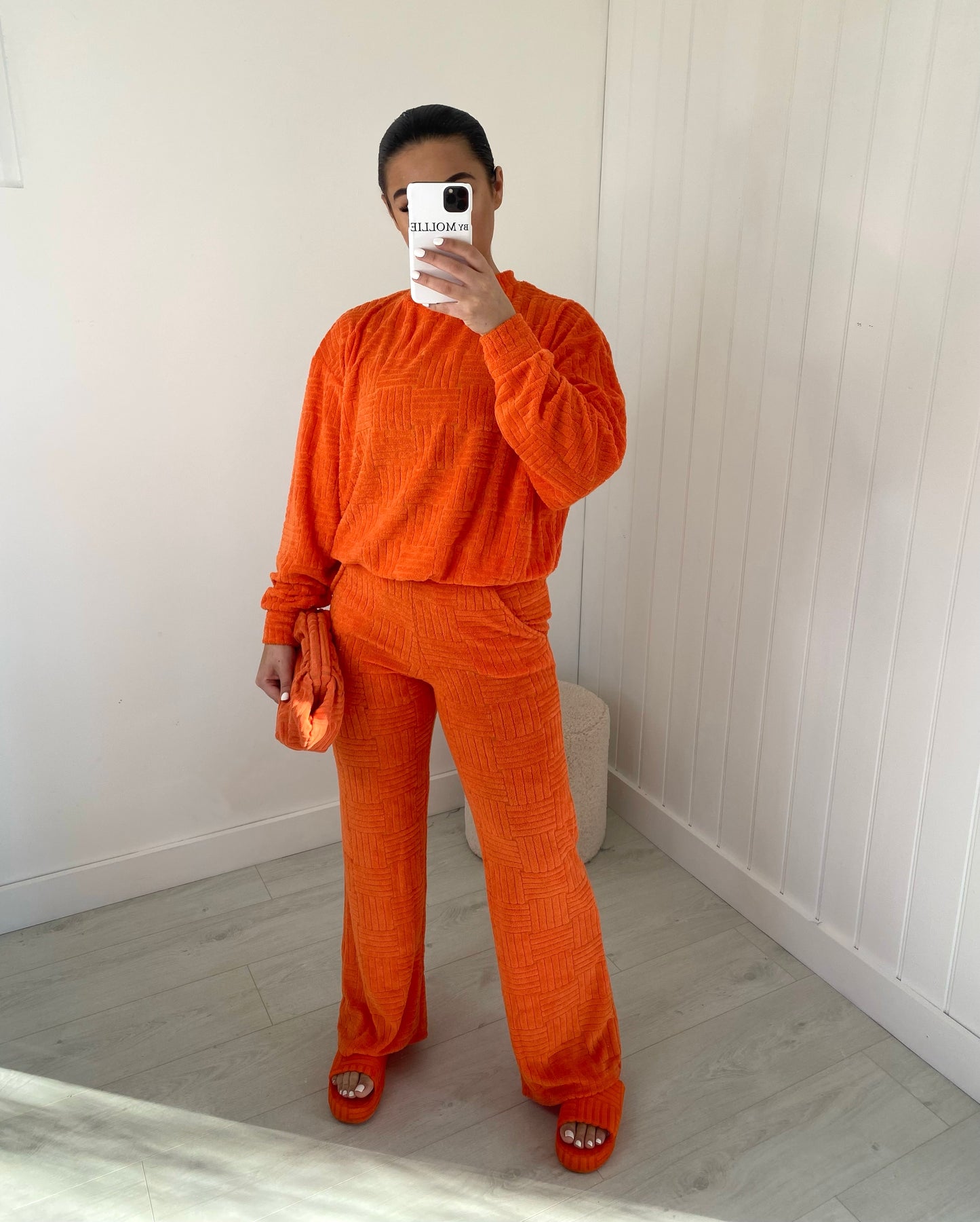 ORANGE OVERSIZED TOWELLING SWEATSHIRT AND WIDE LEG TROUSER CO-ORD