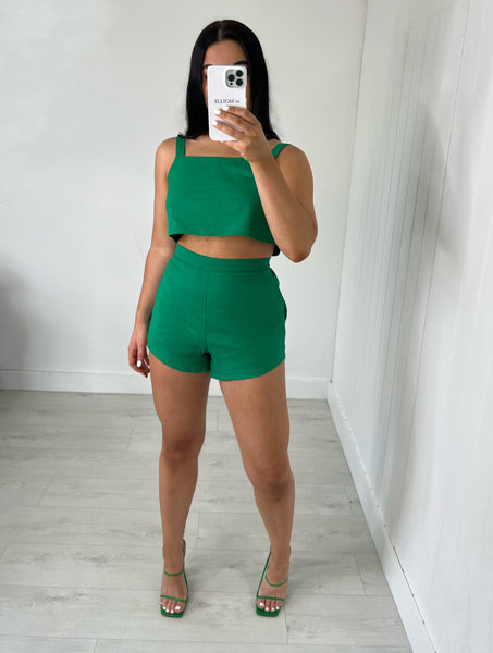 GREEN LINEN BLEND CROP TOP AND SHORTS CO-ORD