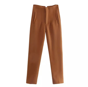 BROWN DARTED HIGH WAIST TROUSERS