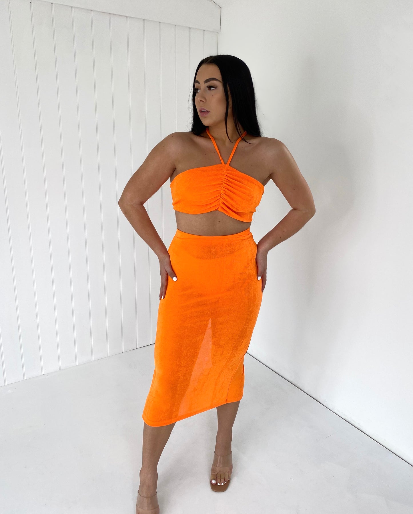 ORANGE SHEER RUCHED CROP TOP AND SPLIT BACK MIDI SKIRT