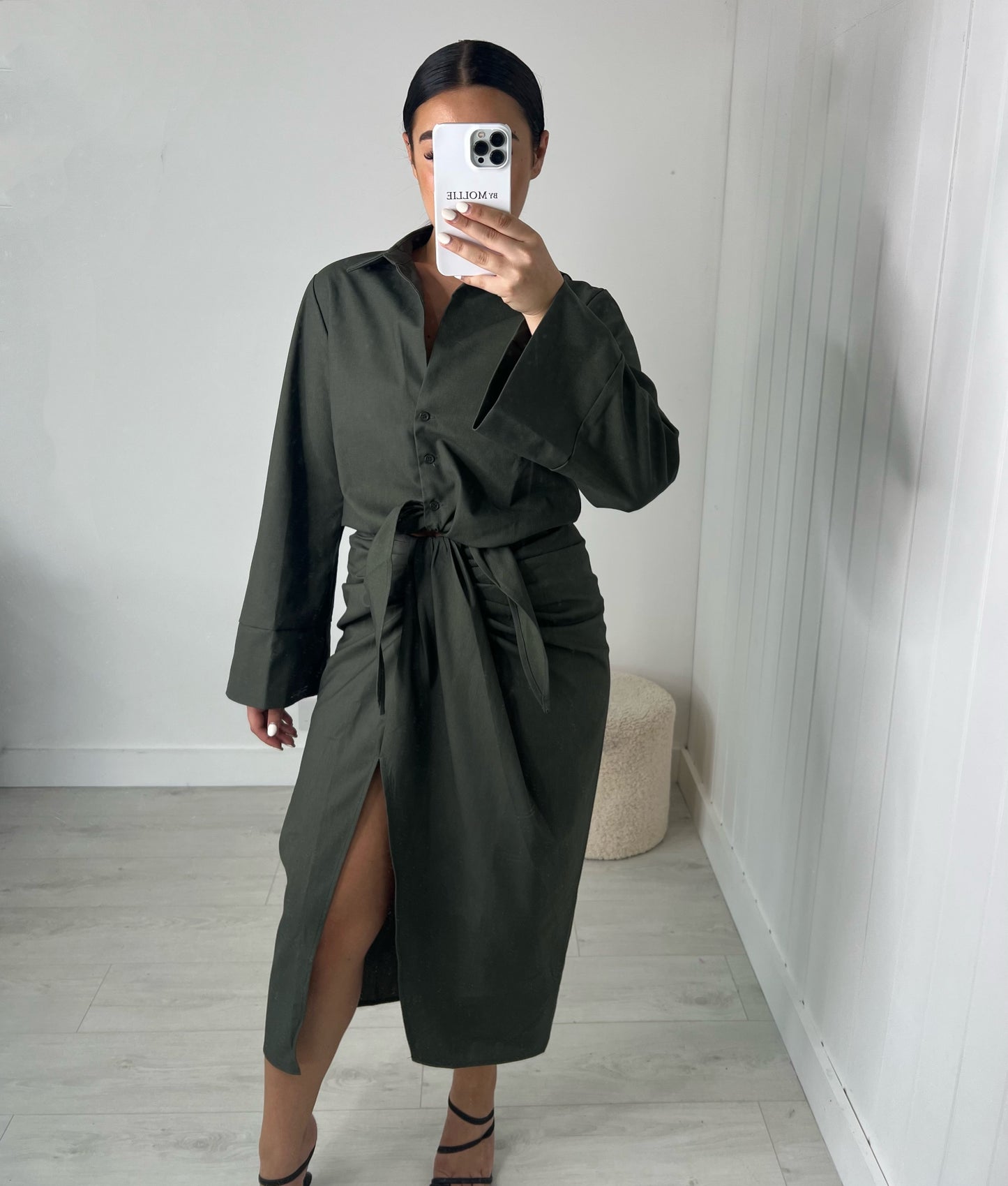 KHAKI WIDE SLEEVE SHIRT AND SPLIT MIDI SKIRT CO-ORD