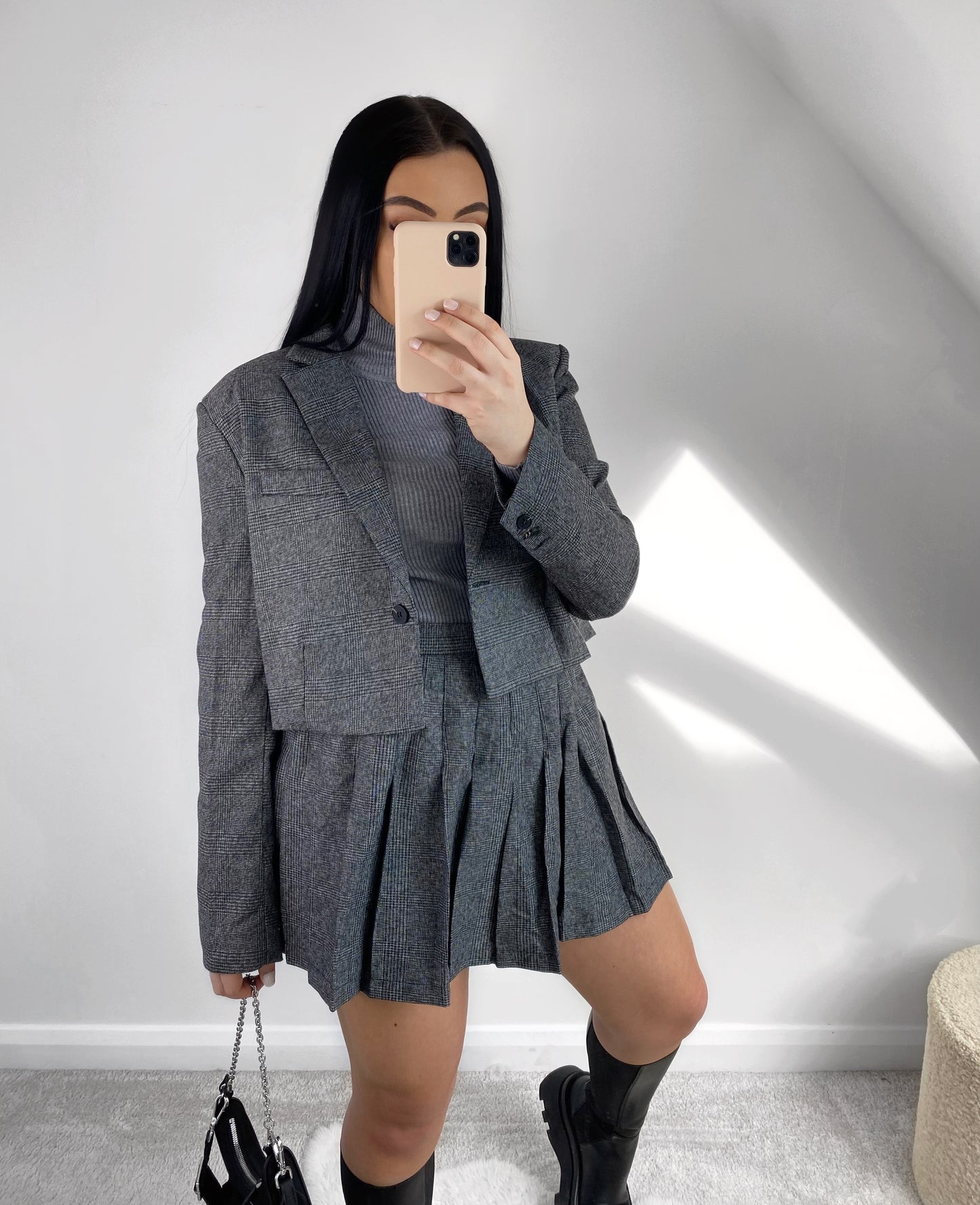 GREY CHECK CROP BLAZER AND PLEATED MINI SKIRT CO-ORD