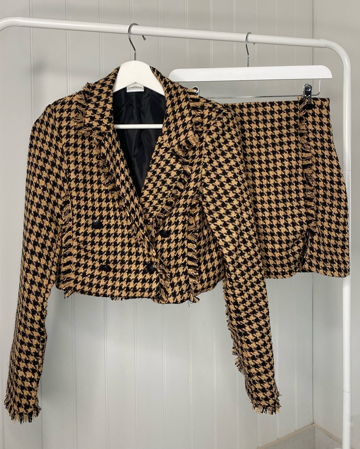 CAMEL AND BLACK TWEED CROP BLAZER AND SIDE SPLIT MINI SKIRT CO-ORD