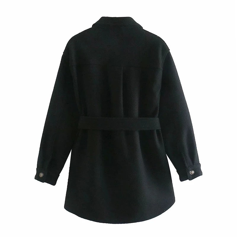 BLACK BELTED WOOL LOOK SHACKET OVERSHIRT