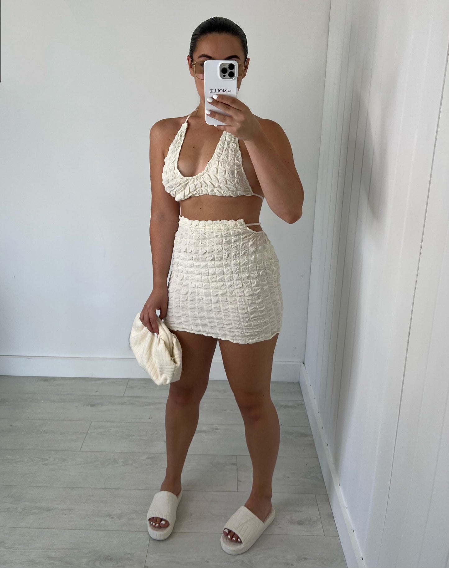 TEXTURED HALTER NECK CROP TOP AND MINI SKIRT CO-ORD