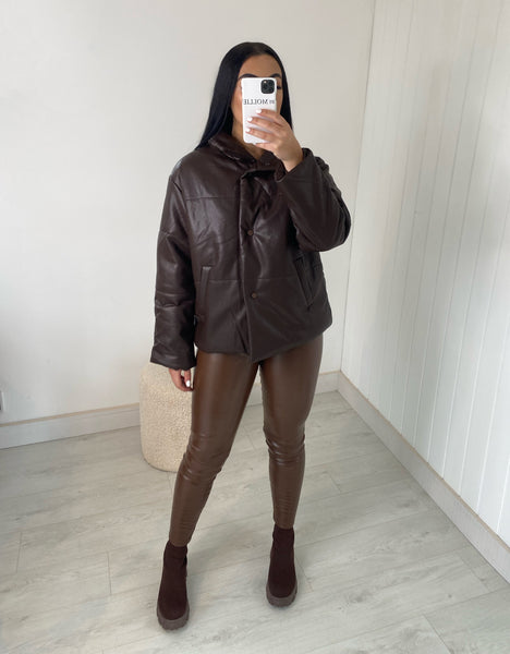 BROWN FAUX LEATHER PUFFER COAT