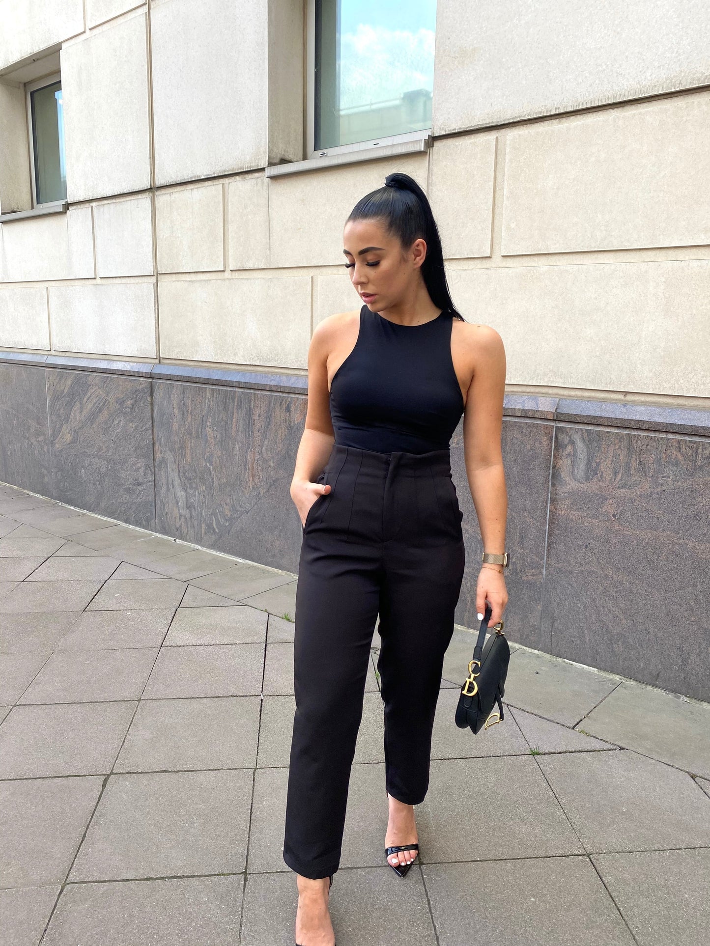 BLACK DARTED HIGH WAIST TROUSERS
