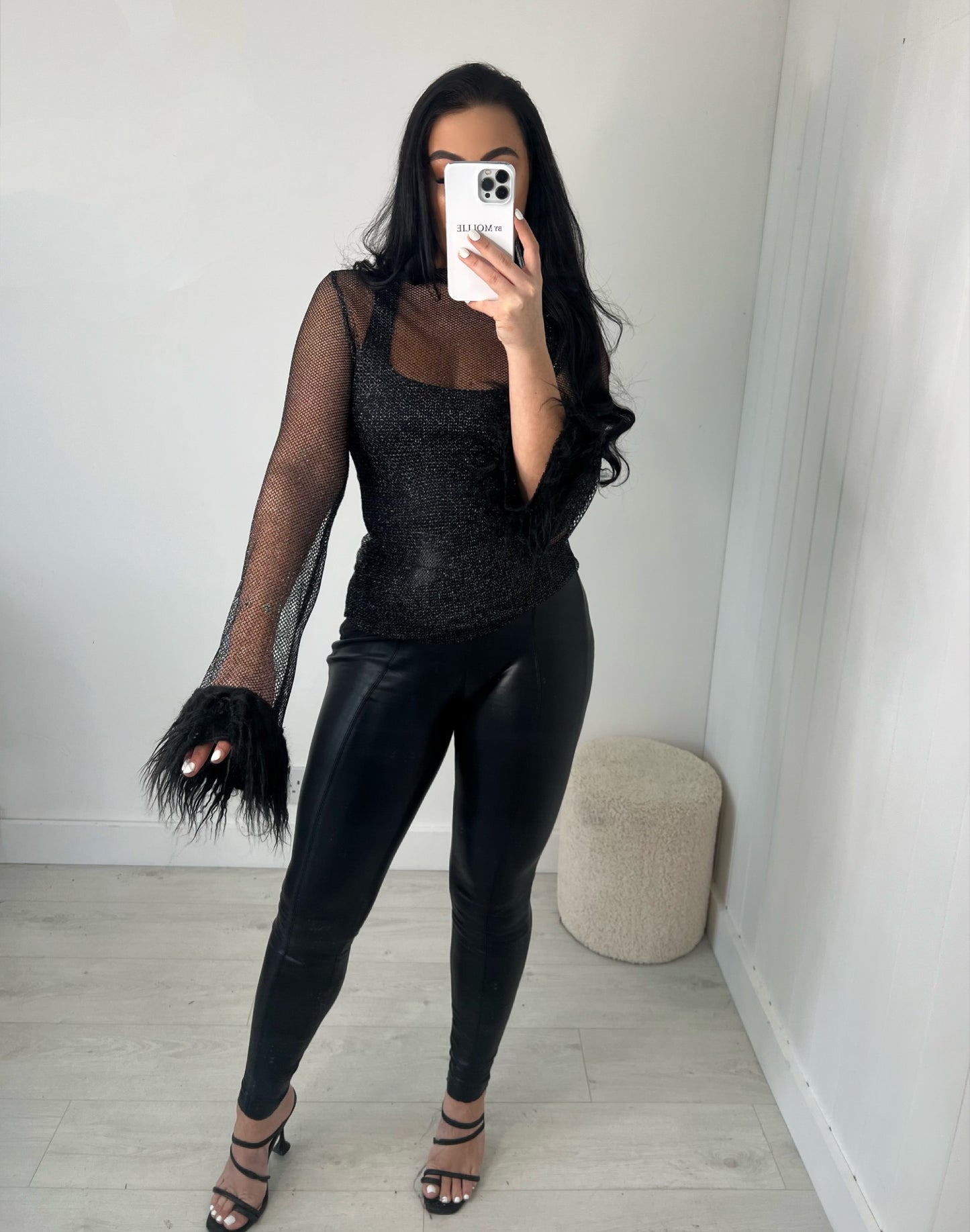 GLITTER MESH SHEER TOP WITH FLUFF SLEEVES