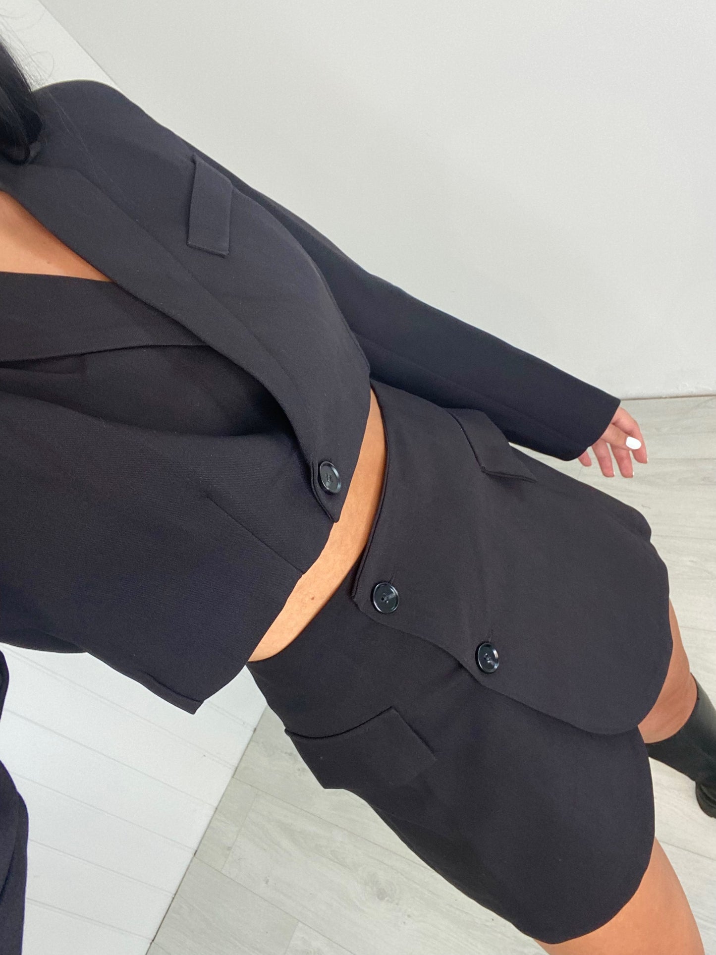 BLACK CROP BLAZER AND MINI SKIRT CO-ORD