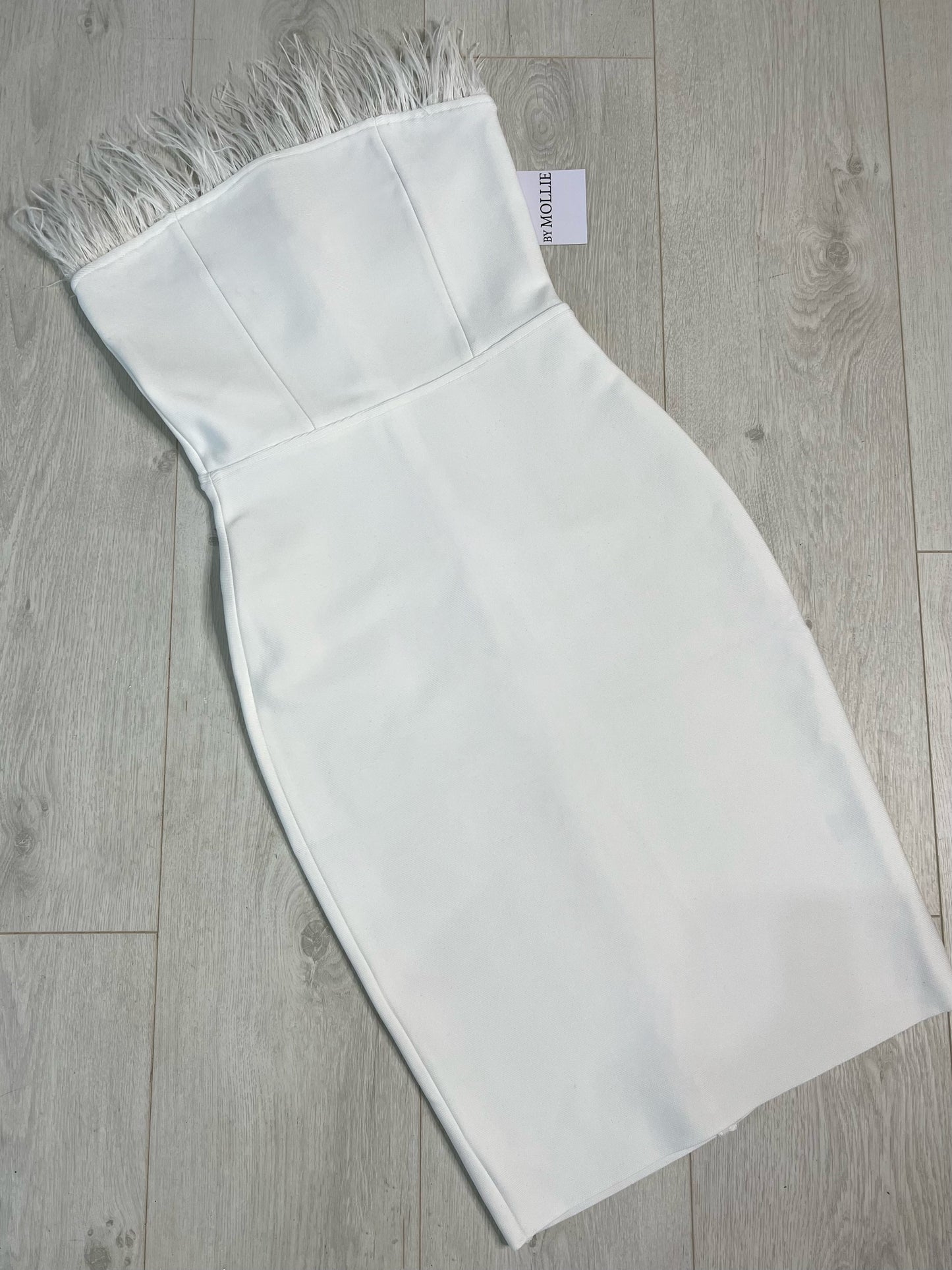 WHITE FEATHER BUST BANDAGE MIDI DRESS