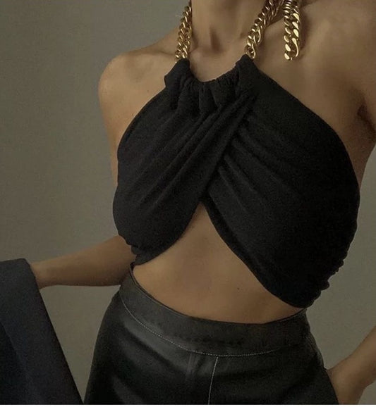 GOLD CHAIN BLACK HALTER-NECK CROP TOP