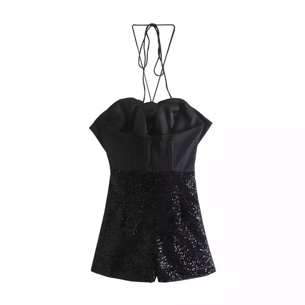 BLACK SATIN BOW AND SEQUIN SHORTS PLAYSUIT
