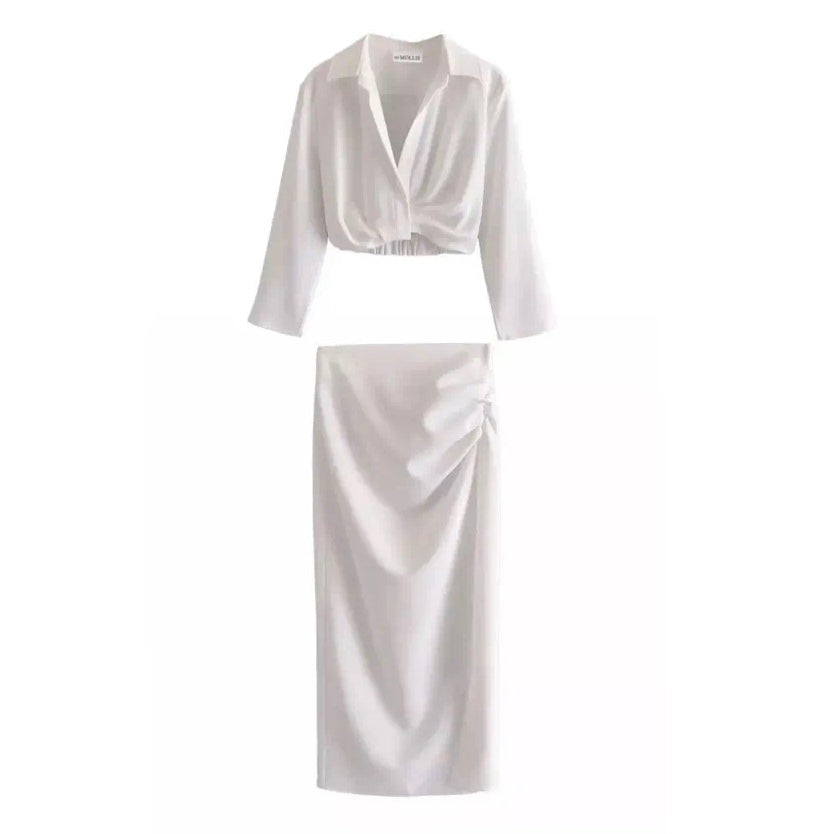 WHITE CROP SHIRT AND SIDE SPLIT MIDI SKIRT CO-ORD