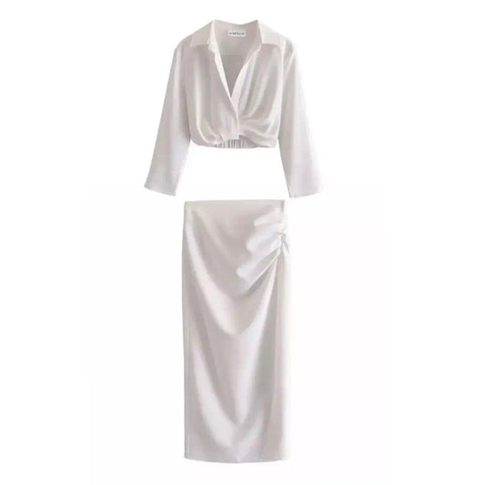 WHITE CROP SHIRT AND SIDE SPLIT MIDI SKIRT CO-ORD