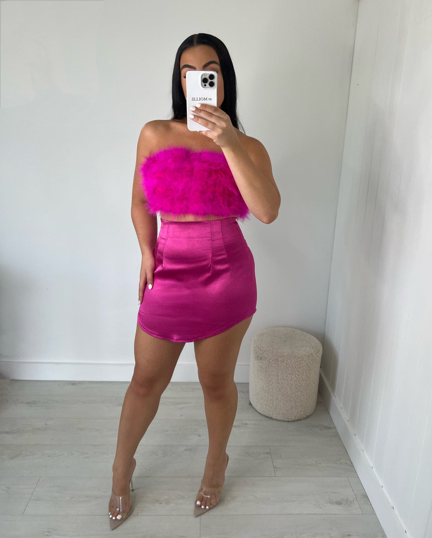 PINK FEATHER BUST BANDEAU CROP TOP