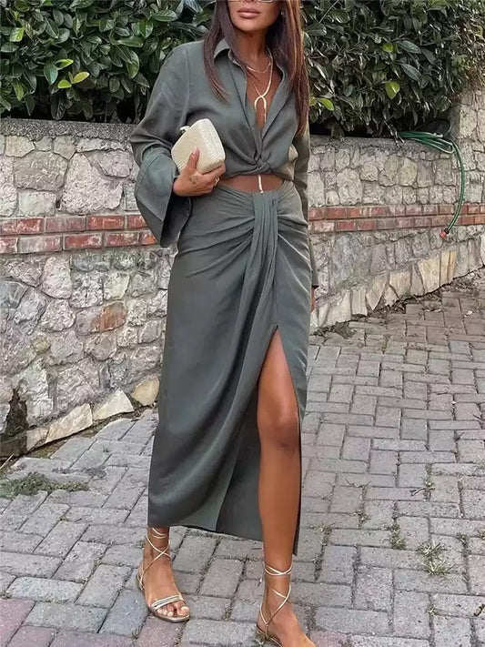 KHAKI WIDE SLEEVE SHIRT AND SPLIT MIDI SKIRT CO-ORD