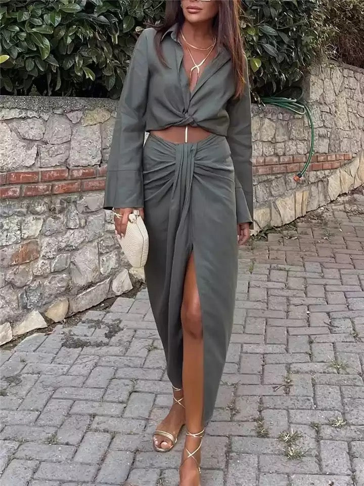 KHAKI WIDE SLEEVE SHIRT AND SPLIT MIDI SKIRT CO-ORD