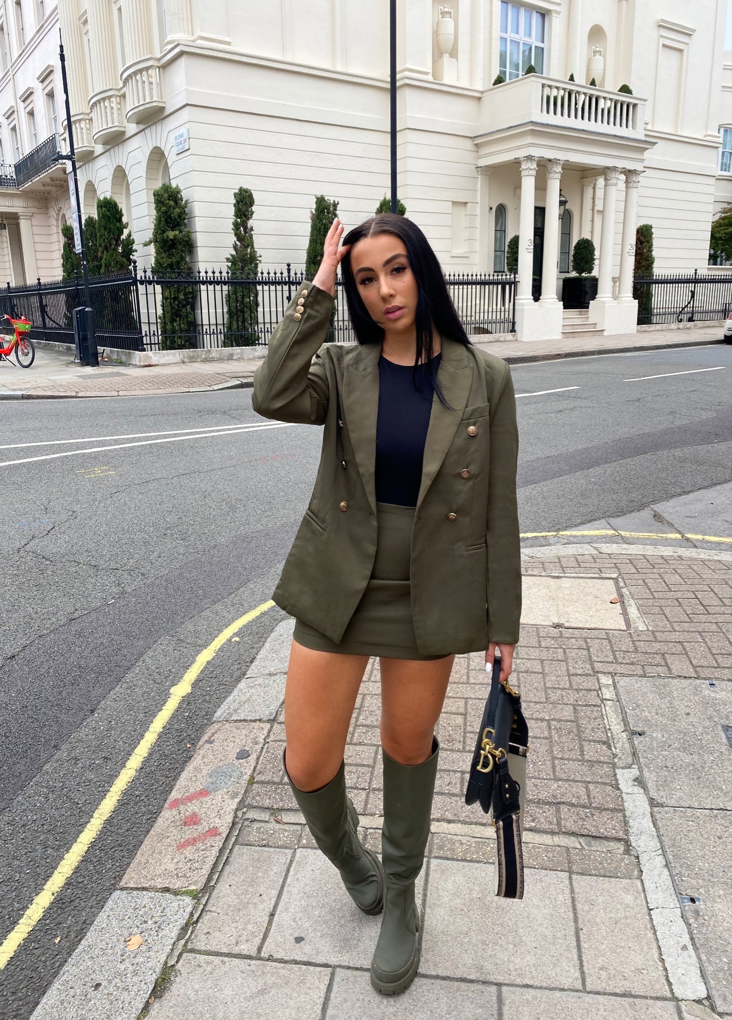 KHAKI GOLD BUTTON BLAZER AND SIDE RUCHED MINI SKIRT CO-ORD