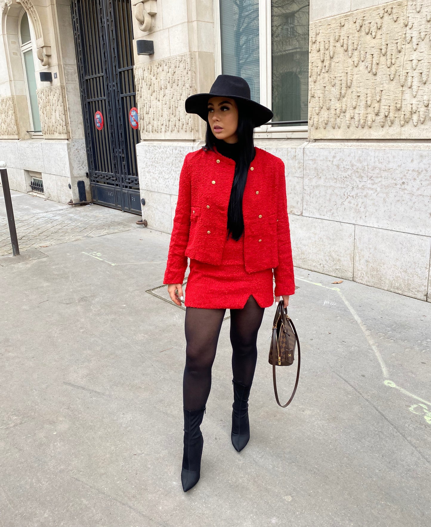 RED TWEED CROP BLAZER AND MINI SKIRT CO-ORD