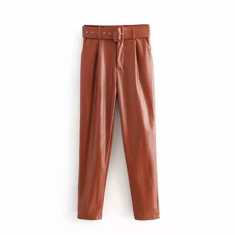 RUST BROWN BELTED VEGAN LEATHER TROUSERS