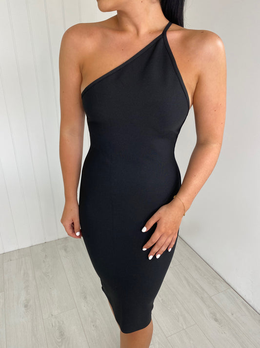 BLACK BANDAGE SCUPLT ONE SHOULDER MIDI DRESS