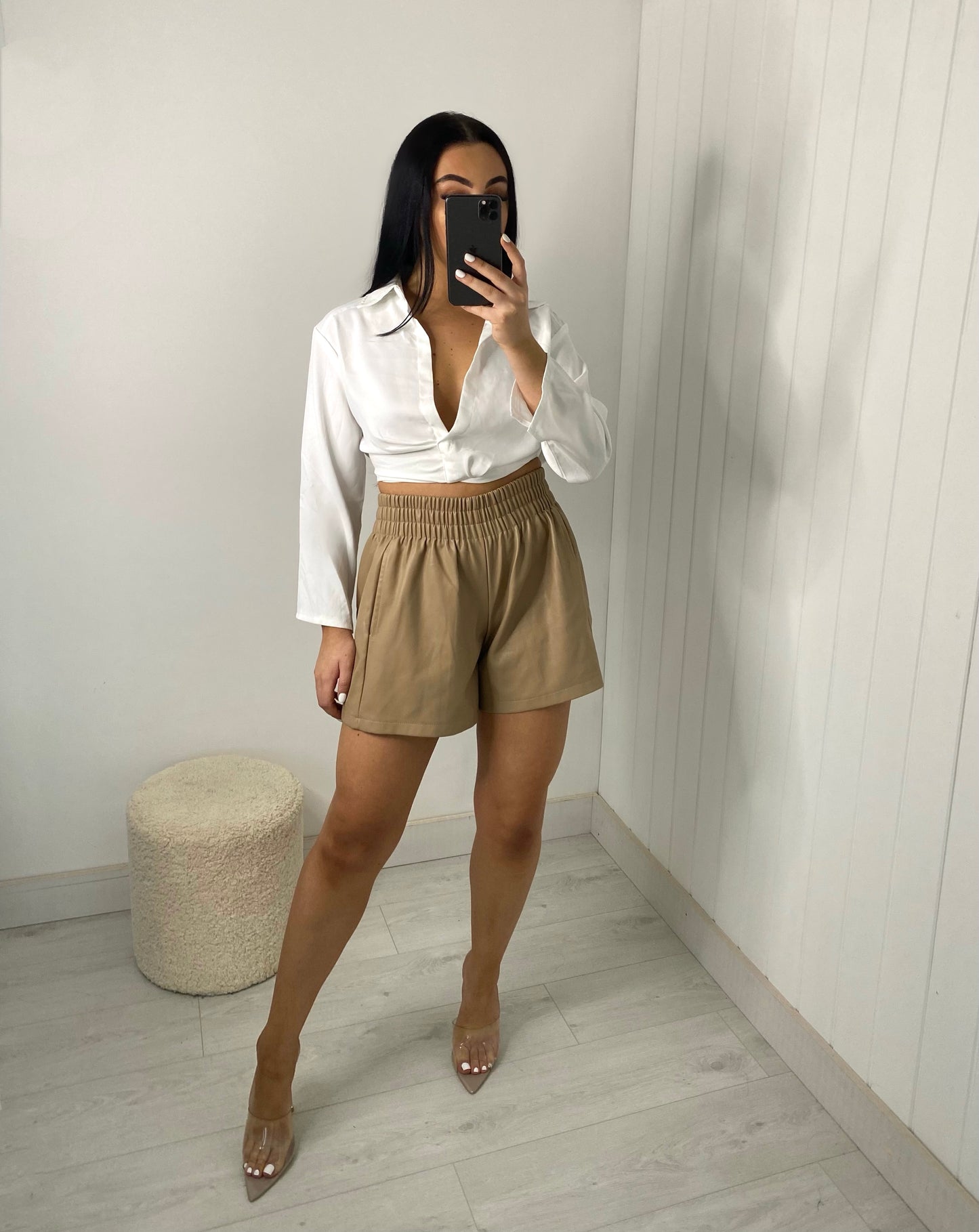 BEIGE FLARE VEGAN LEATHER SHORTS