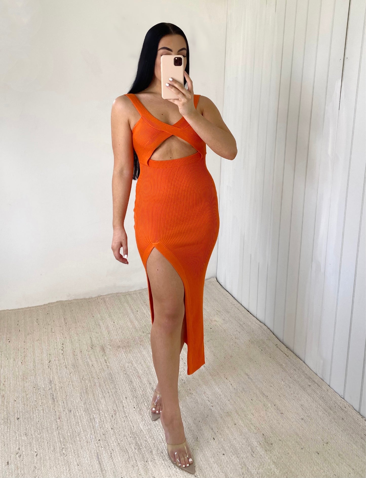 ORANGE KNIT CUT OUT MIDAXI DRESS