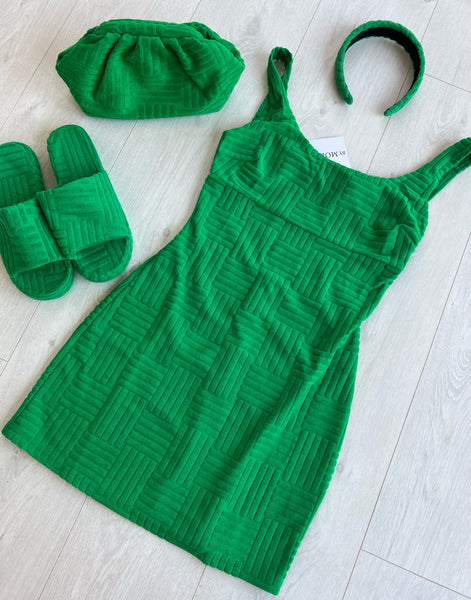 GREEN TOWELLING BACKLESS MINI DRESS