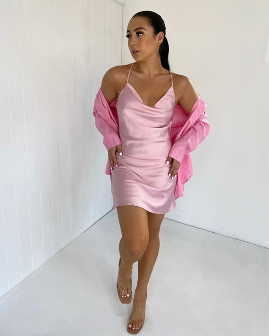BABY PINK SATIN CROSS BACK MINI DRESS