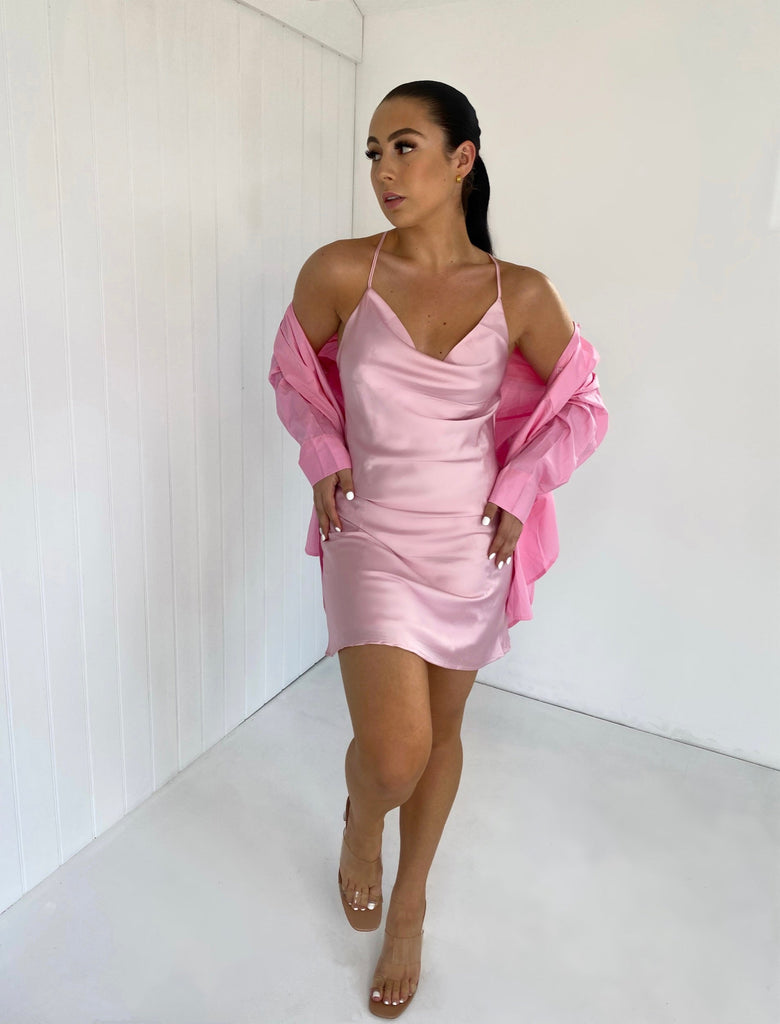 BABY PINK SATIN CROSS BACK MINI DRESS bymollie BABY PINK SATIN CROSS BACK MINI DRESS bymollie
