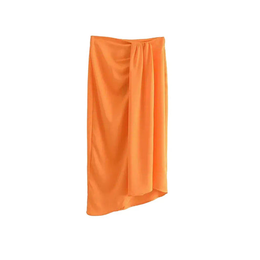 ORANGE GATHERED SPLIT MIDI SKIRT