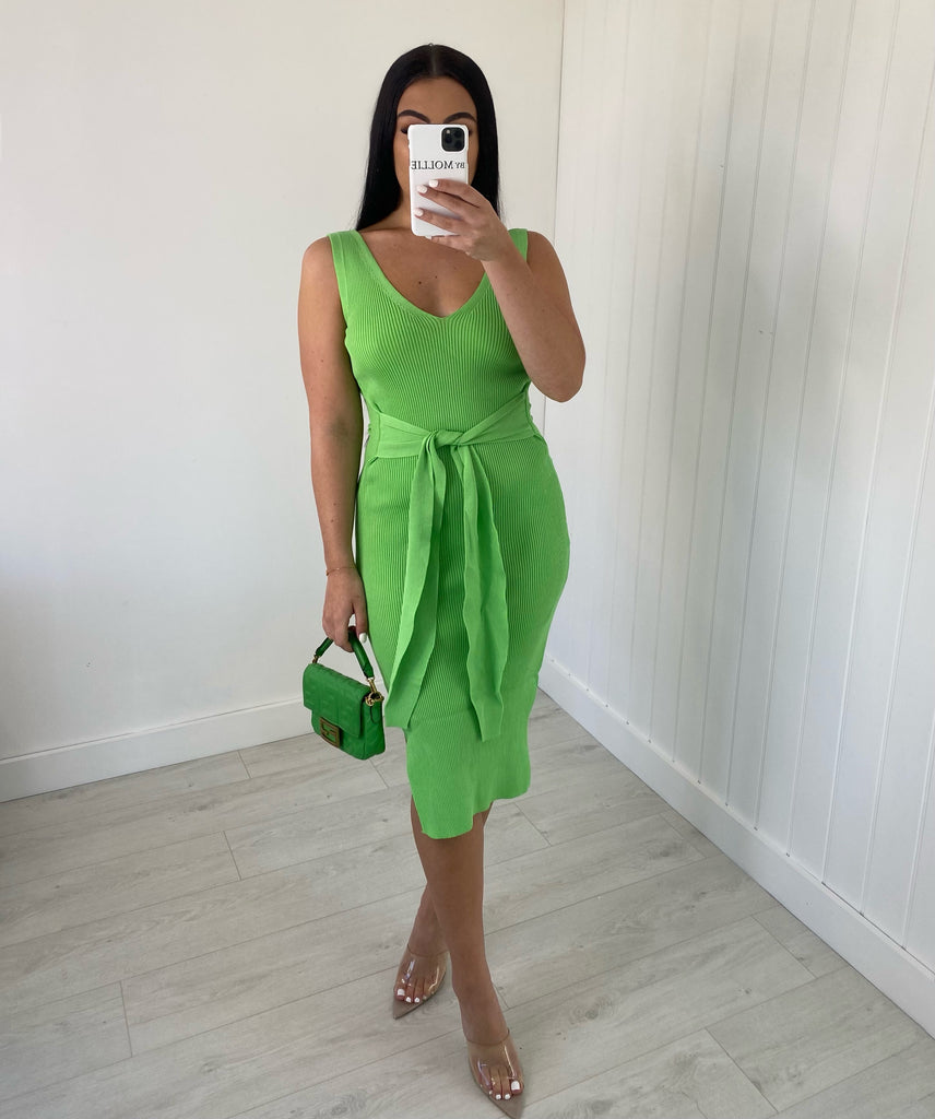 LIME GREEN V-NECK KNIT TIE FRONT MIDI DRESS bymollie LIME GREEN V-NECK KNIT TIE FRONT MIDI DRESS bymollie