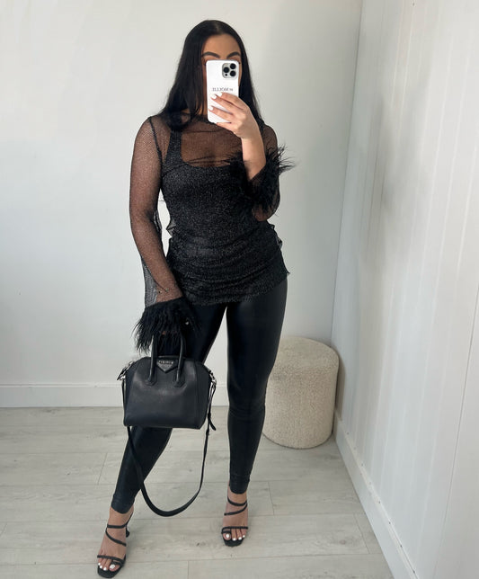 GLITTER MESH SHEER TOP WITH FLUFF SLEEVES
