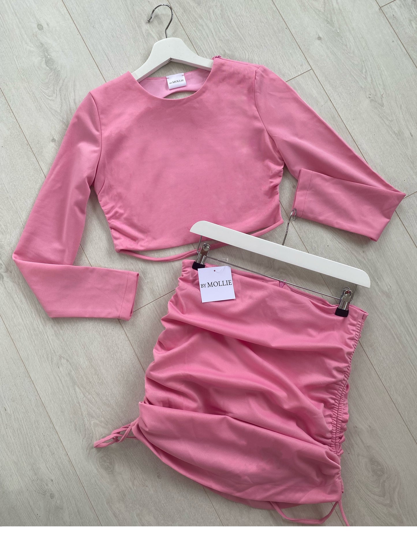 BABY PINK BACKLESS CROP TOP AND RUCHED MINI SKIRT CO-ORD