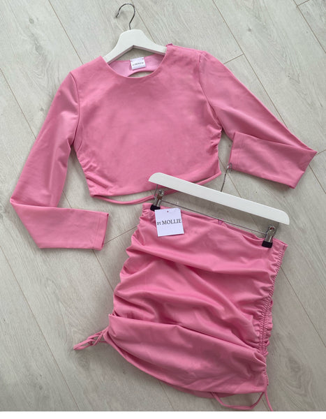 BABY PINK BACKLESS CROP TOP AND RUCHED MINI SKIRT CO-ORD