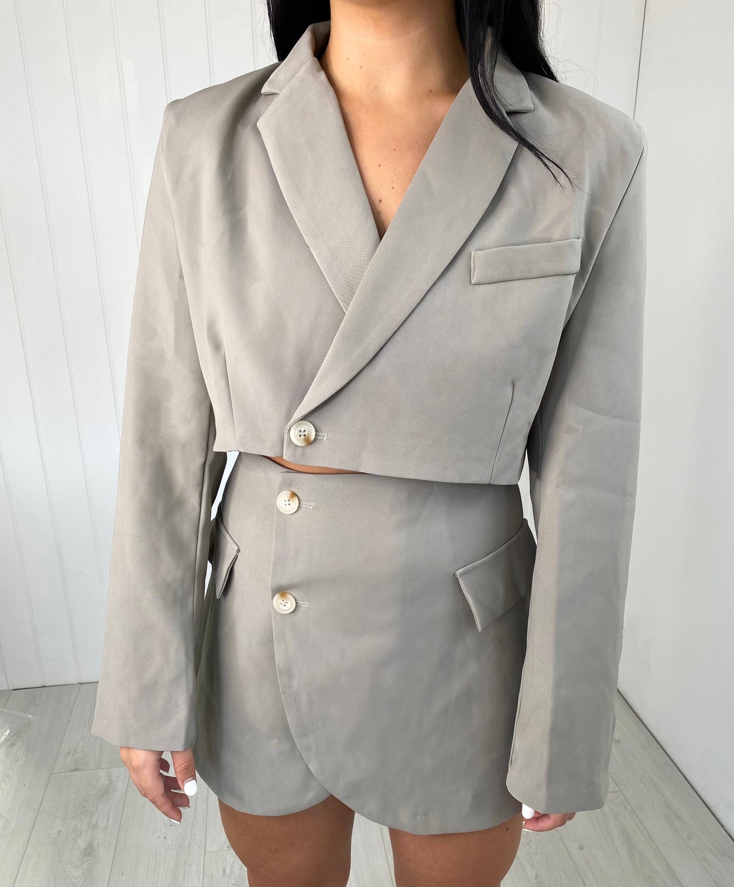 GREY CROP BLAZER AND MINI SKIRT CO-ORD