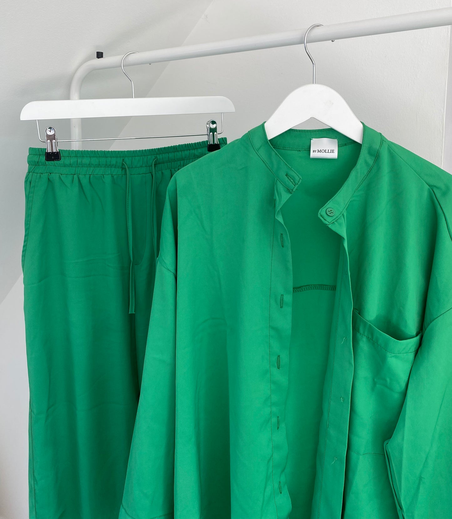 GREEN SATIN OVERSIZED SHIRT AND TROUSER CO-ORD