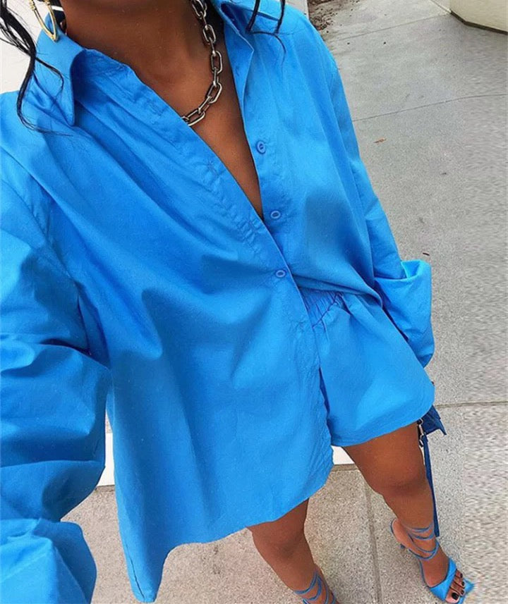 BLUE OVERSIZED SHIRT AND SHORTS CO-ORD