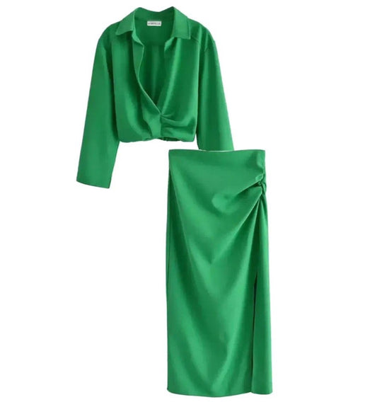 GREEN CROP SHIRT AND SIDE SPLIT MIDI SKIRT CO-ORD