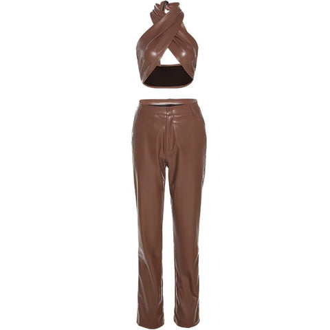 BROWN FAUX LEATHER HALTER NECK AND TROUSER CO-ORD
