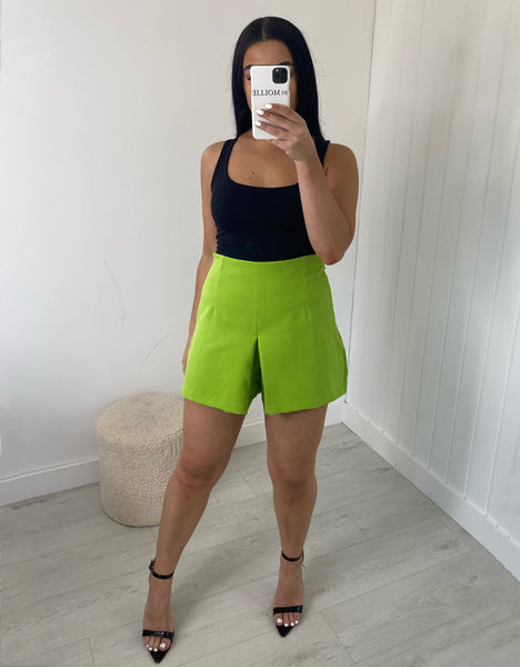 LIME GREEN FLARE SHORTS