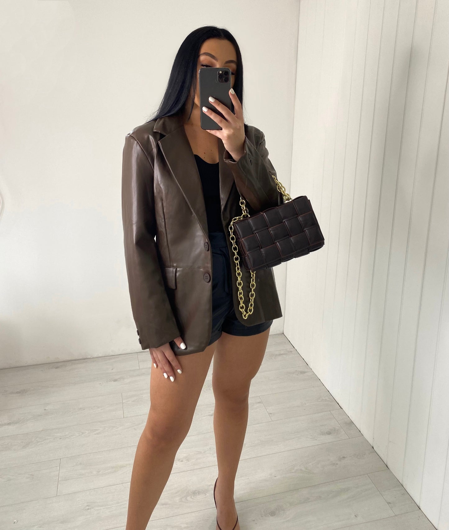BROWN VEGAN LEATHER BLAZER