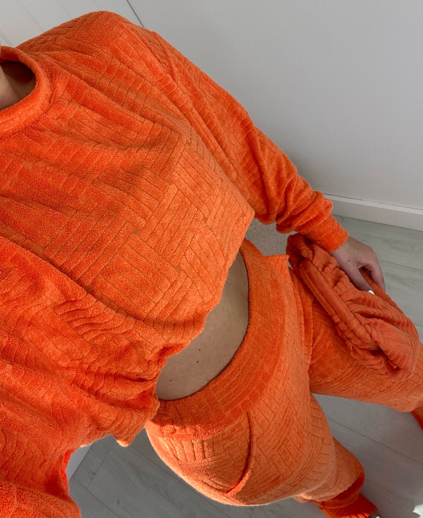 ORANGE OVERSIZED TOWELLING SWEATSHIRT AND WIDE LEG TROUSER CO-ORD