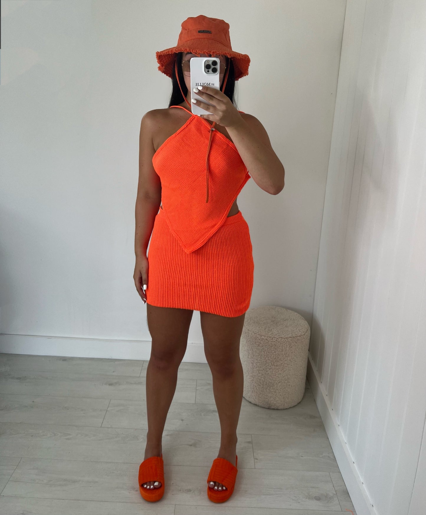 ORANGE KNIT HALTER CROP TOP AND MINI SKIRT CO-ORD